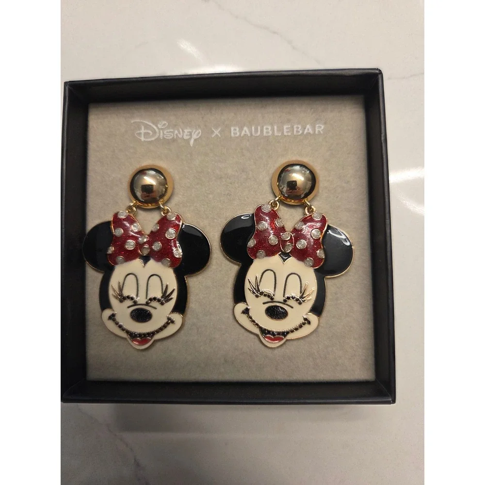 Disney x Baublebar Minnie Mouse Enamel Crystal Drop Earrings Red Glitter Bow Box